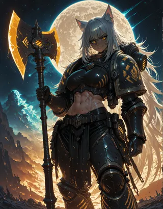 A fierce female warrior with cat ears, silver spiky hair, yellow slit pupils, and scars wearing power armor, holding a glowing axe, standing on the moon with a large full moon and starry sky background.