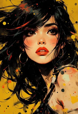 Close-up ink splash art portrait of a sultry Asian woman with flowing black hair, dark eyeshadow, red lips, and an abstract yellow background.