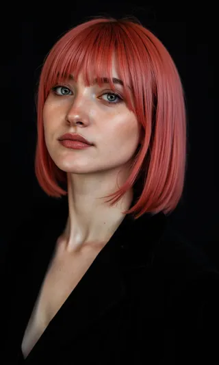 Portrait of a woman with pink-red hair and blue eyes against a black backdrop, illuminated by soft studio lighting highlighting her sharp facial features.