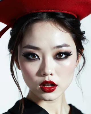 Close-up photorealistic portrait of a wabi sabi Asian woman warrior wearing an auburn red beret with dark matte eye makeup, striking eyes, and glossy red lips showing vampire fang teeth.