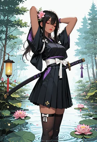 A dark-skinned female wearing a black kimono with a white sash and thighhighs, standing in a lotus pond surrounded by trees and glowing fireflies, holding a katana at her waist and adorned with a pink flower in her hair.