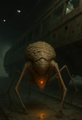 An infected insectoid creature with cracked carapace and fungal ridges crawling beneath a rusted ruined transport vehicle, glowing bioluminescent fluid dripping from its abdomen.