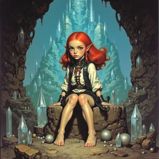 A fantasy painting of a halfling girl with red hair and freckles, sitting barefoot in an ancient crystal cavern adorned with tall, clear crystals, wearing a medieval lace-up tunic, inspired by Frank Frazetta.