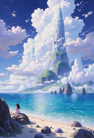 A pastel-colored fantasy landscape inspired by Studio Ghibli, featuring a towering tower resembling a female form, surrounded by fluffy clouds, overlooking a calm blue sea and pebbled shore with a seated figure.