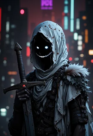 Closeup of a haunting humanoid figure with a tattered white hood, glowing eyes, a macabre grin, and a colossal sword against a neon dystopian cityscape.