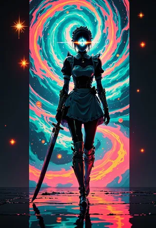 A lone space maid gunslinger wearing tight maid armor and thigh-high armored stockings stands with a glowing cyclopean eye and an oversized sword, in front of a swirling neon black hole.