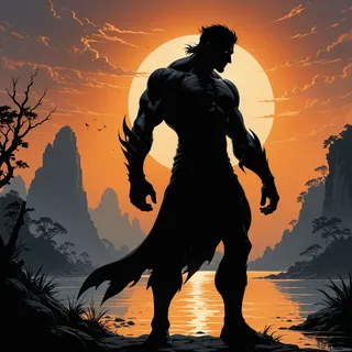 Silhouette of a muscular warrior standing by a river at sunset with a large glowing sun, mountains, and dramatic clouds in the background.
