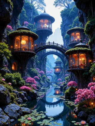 A fantasy landscape featuring elegant elven-style pavilions with moss-covered roofs suspended over a calm canyon river surrounded by tall cliffs and blooming pink trees at twilight.