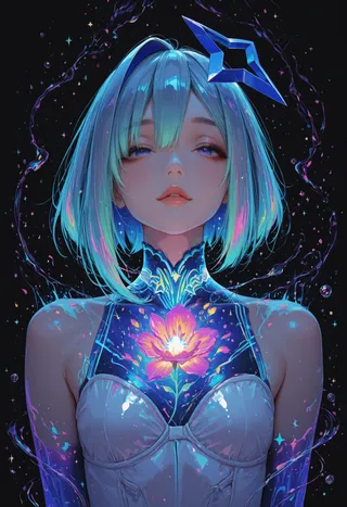 Portrait of Amane Kanata with blue hair, glowing neon flower on chest, and psychedelic luminous accents on dark background