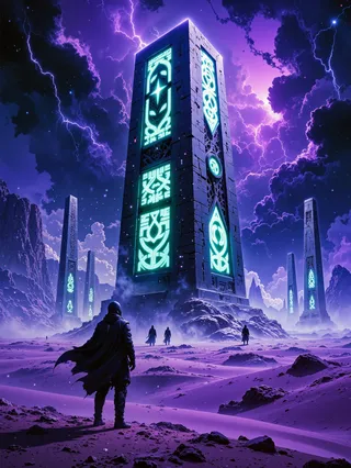 A lone traveler stands at the base of a towering black monolith covered in glowing blue inscriptions in an alien desert of deep purple sand under a stormy sky with lightning.