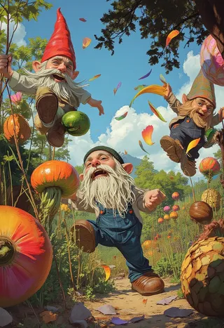Cheerful gnomes dancing and leaping joyfully in a vibrant overgrown garden full of psychedelic vegetables and colorful petals under a bright blue sky.