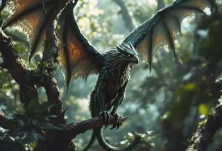 A detailed gryphon creature perched on a moss-covered forest branch, wings spread wide, with sharp talons and glowing orange eyes in a misty woodland.