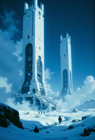 Colossal sci-fi white towers standing tall on a pristine snowy field under a dark blue evening sky, with soft blue lights and light falling snow.