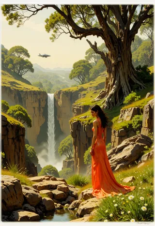A woman in an elegant orange dress stands on rocky terrain near a large tree, overlooking a deep canyon with a waterfall and lush greenery under a bright sky.
