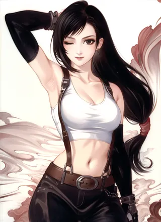 Tifa Lockhart in Amano Yoshitaka style wearing a white crop top, black elbow gloves, suspenders, and black pants, winking with one eye and posing with arm up outdoors.