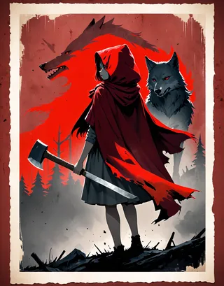 Defiant Red Riding Hood with tattered red cloak holding an axe against a backdrop of a wolf silhouette and gritty textures in a WWII resistance poster style.