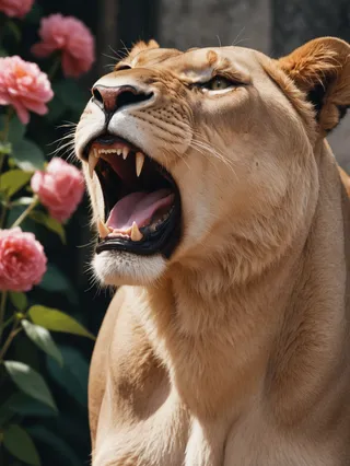 Close-up of a roaring lioness with sharp teeth, set against a background of pink flowers and illuminated by natural light, featuring analog film grain and HDR effects.