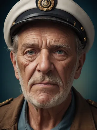 Close-up portrait of an old sea captain with a wrinkly face wearing a white and black captain's hat, detailed skin texture and professional dodge and burn photo grading.