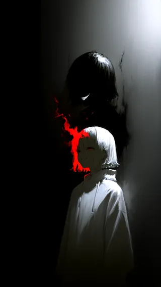 A white-hooded girl with white hair and a sinister smile stands illuminated by backlighting, with a dark shadow figure featuring an evil grin looming behind her and red flames between them.