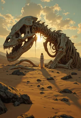 A photo realistic painting of a gigantic prehistoric skeleton lying in a desert at sunset with a woman standing between its ribs, casting long shadows under dramatic, warm light.