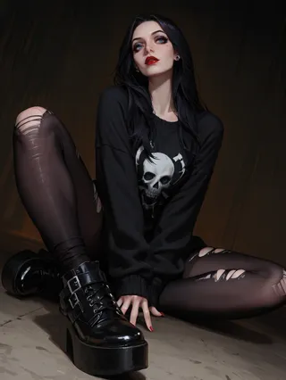 Emo woman with black hair and blue eyes wearing a black oversized sweater featuring a skull design, ripped black leggings, and shiny black platform shoes, posed dynamically on the floor with dark makeup and red lips.