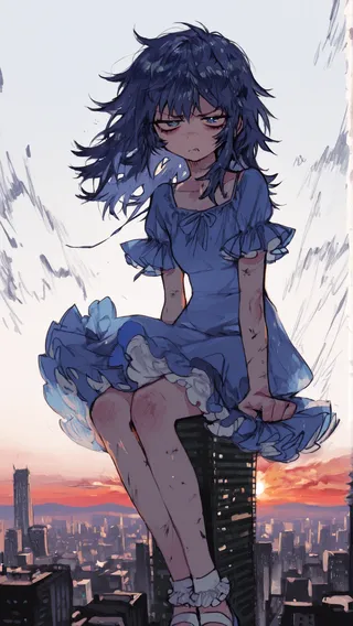 A girl with messy dark hair wearing a blue dress with white frills, sitting on a skyscraper rooftop against a sunset skyline, rendered with expressive brushstrokes.