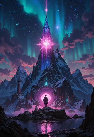 A majestic mountain peak at night with a glowing celestial gate emitting pink light, under vibrant aurora borealis and starry sky, with a lone figure standing before it.