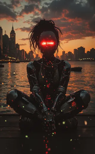 A female cyborg sits cross-legged on a New York City pier at twilight, her digital mask glowing red with a LOW CHARGE warning, surrounded by a dark, mysterious atmosphere.