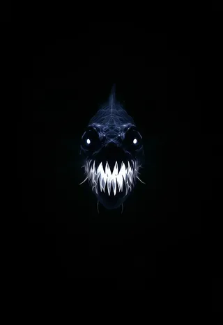 A ghostly glowing anglerfish emerging from pitch-black depths with sharp, needle-like teeth illuminated in eerie bioluminescent light.