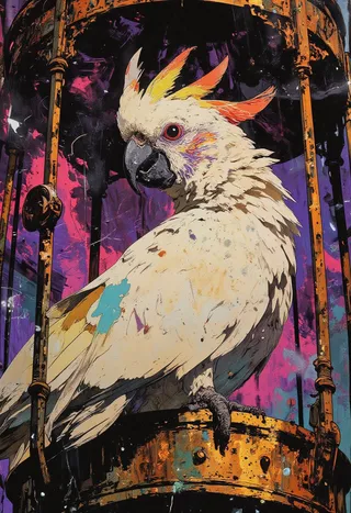 A hyper realistic Moluccan Cockatoo perched inside an ornate antique cage, with vibrant splashes of orange and yellow on its crest, detailed white feathers, and a vivid abstract background in purple and pink hues.