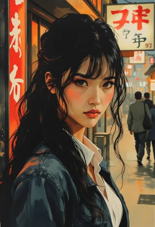 Closeup portrait of a Japanese woman with long black hair and bangs, wearing a denim jacket and white blouse, standing against neon signs on a traditional Japanese street at night with bokeh effects.