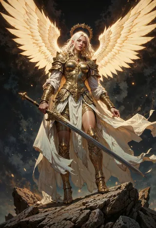 A powerful female angel with flowing white hair, clad in ornate golden armor, standing on rocky terrain with glowing golden wings and holding a large sword.