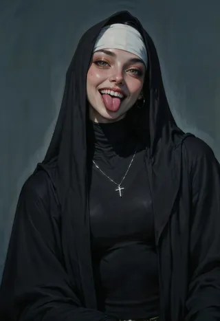Realistic digital painting of a young woman dressed as a nun with a black habit and white headpiece, smiling broadly and sticking her tongue out playfully.