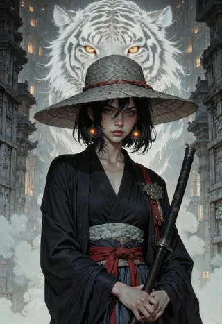 A Japanese warrior woman wearing a wide-brimmed hat and black kimono holds a katana, with a mystical white tiger with glowing amber eyes looming behind her amid an ancient stone building.