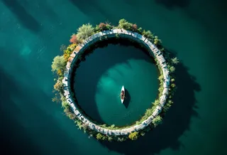 Top-down satellite view of a lone rowing boat navigating a river shaped into an M.C. Escher spiral, surrounded by trees on a circular stone pathway with deep blues and greens in reflective water.