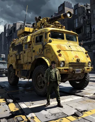 A digital illustration of a yellow armored vehicle with a large gun, standing in front of a ruined city under a dark stormy sky, with a military man in green jacket beside it.