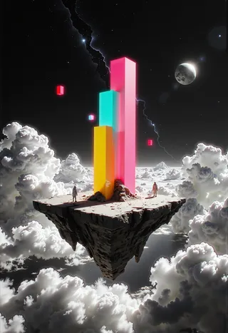 A floating rocky island surrounded by fluffy clouds with brightly colored neon geometric pillars, set against a dark sky with stars and a crescent moon, featuring a film grain texture.