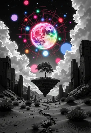 A surreal black and white desert landscape features a floating inverted island with a single tree, beneath a cosmic sky filled with a colorful glowing sphere surrounded by futuristic circuit patterns and colorful orbs.