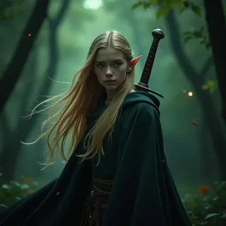 A young female elf with long blonde hair and pointed ears stands in a dimly lit forest wearing a dark hooded cloak and carrying a longsword on her back.