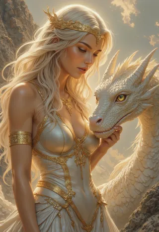 A radiant fantasy woman in a white and gold ornate gown gently touches a white dragon with golden eyes under soft golden light.