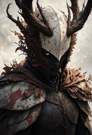 A dark-skinned horned goddess with glowing red eyes wears an ancient bone-white helmet with twisted horn-like branches, paired with weathered armor and a tattered war cloak, set against a misty battlefield background.