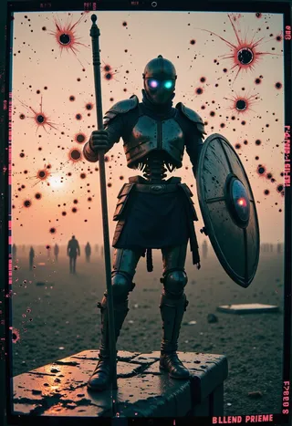 A heavily deteriorated analog film image depicting a skeletal warrior in medieval armor holding a spear and a shield with a glowing holographic skull, surrounded by emulsion damage and film burns.