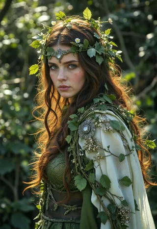 A forest nymph wearing a living vine and flower crown, with long flowing hair and a cloak adorned with leaves and silver decorations.