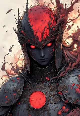 A dark fantasy shadow knight with glowing red eyes and a red orb on chest, wearing horned armor with intricate details in a cinematic manga style.