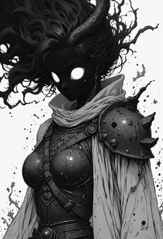 A gritty manga sketch of a horned goddess of war with black skin, glowing white eyes, busty armored chest, a weathered spiked pauldron, and flowing hair set against a white background with volumetric lighting effects.