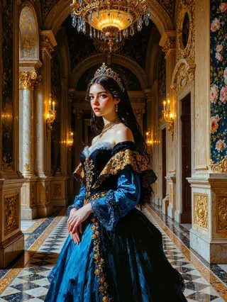 A detailed court portrait oil painting-style image showing a young Spanish princess in a black and royal blue velvet gown embroidered with gold, standing in a grand marble ballroom under an ornate chandelier.