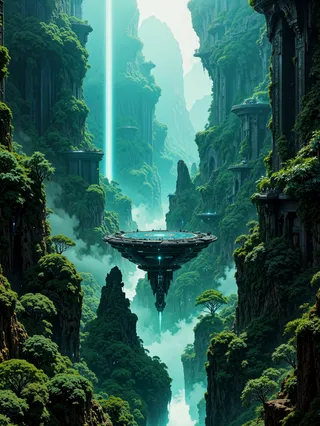 A sci-fi landscape featuring a floating, disc-shaped vessel above a deep jungle-filled canyon with towering cliffs covered in lush green vegetation and ancient ruins embedded into the rocky walls.