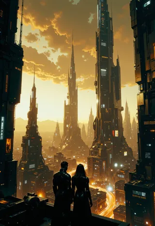 Highly detailed CGI artwork of a futuristic cityscape at dusk featuring towering skyscrapers with glowing neon lights and two silhouetted figures overlooking the city from a rooftop.