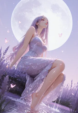 A serene girl with lavender hair sitting barefoot in a moonlit field adorned with glowing butterflies and wearing an elegant floral fantasy dress.