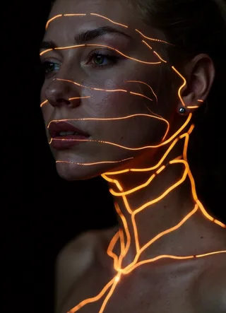 Portrait of a woman with glowing neon orange biomechanical wiring integrated beneath her skin, against a deep black background highlighting detailed skin textures.